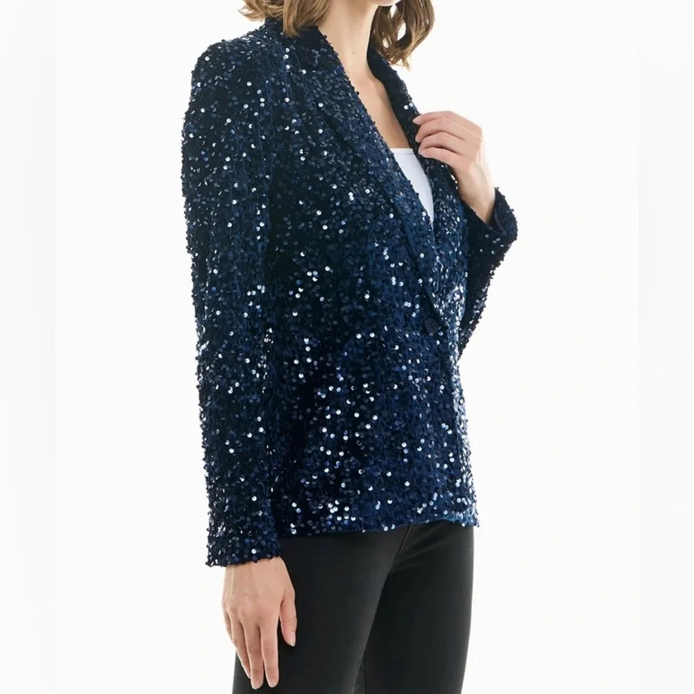 Nanette Lepore Girls’ Night Out Sapphire Blue Velvet Sequin Blazer Jacket - Picture 4 of 16